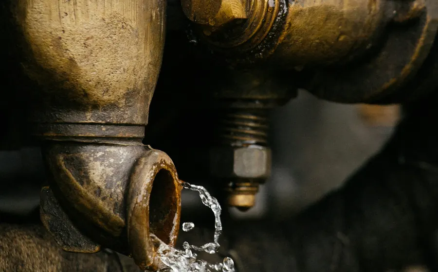 Cañería de bronce con agua saliendo por una unión