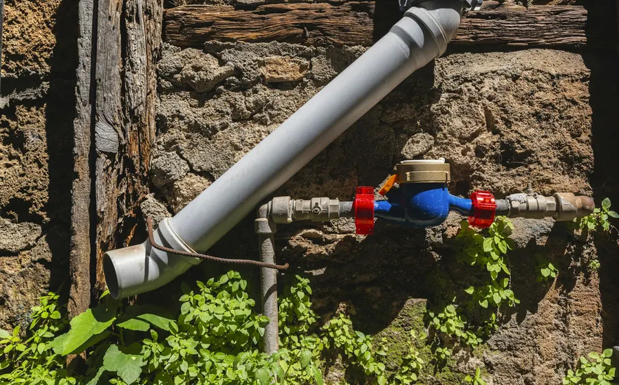 Medidor de agua con llaves de paso rojas en un muro de piedra