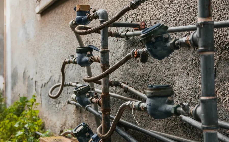 Medidores de agua instalados en un muro exterior